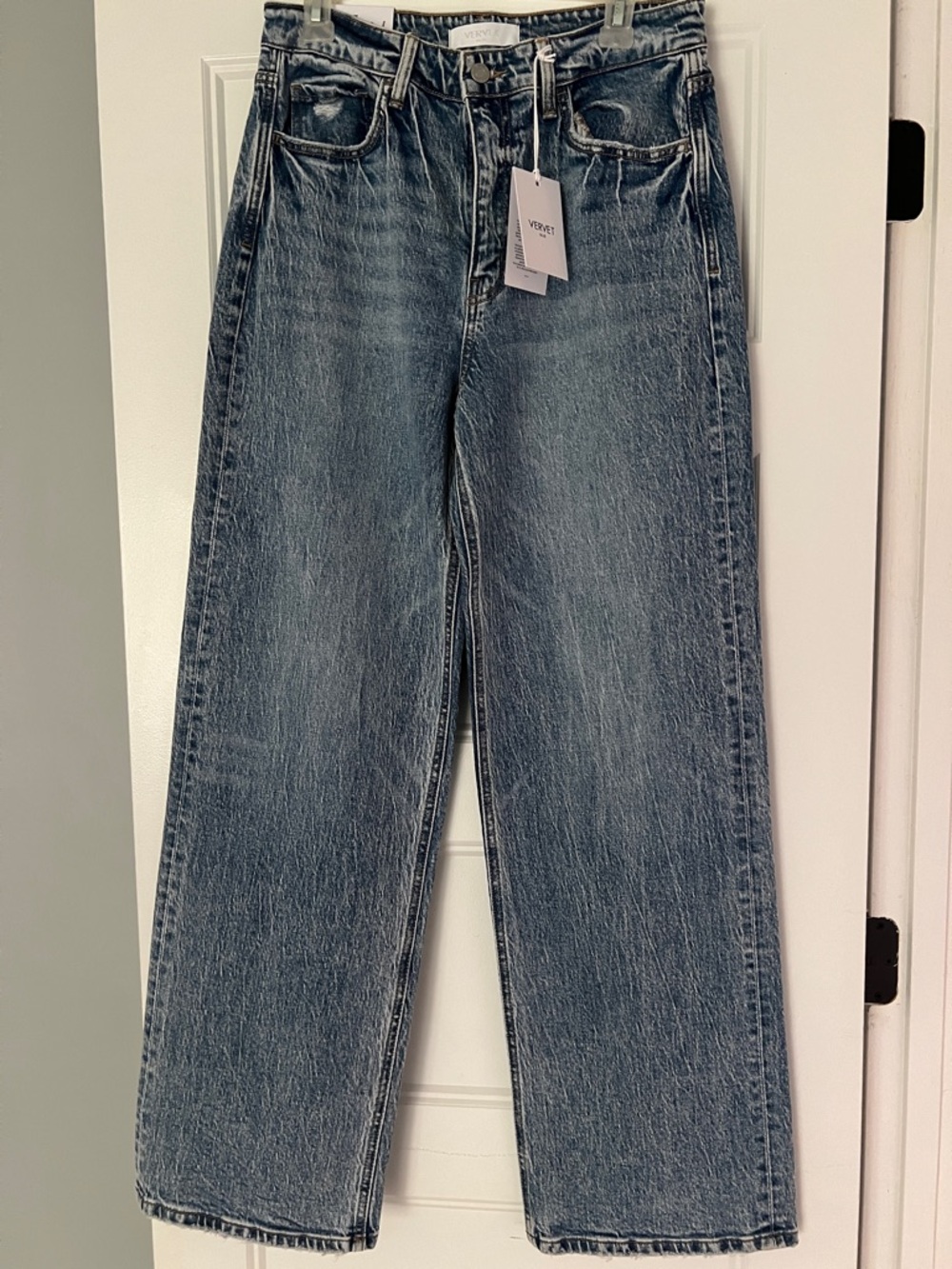 NWT “CLARE” VERVET BY FLYING MONKEY Washed Blue High-Rise Straight Leg Jeans M - Picture 1 of 4